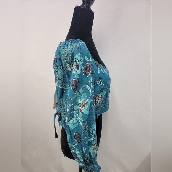 Band of the Free Sybille Deep Teal Floral Wrap Crossover Crop Top Women Medium - Picture 2 of 13